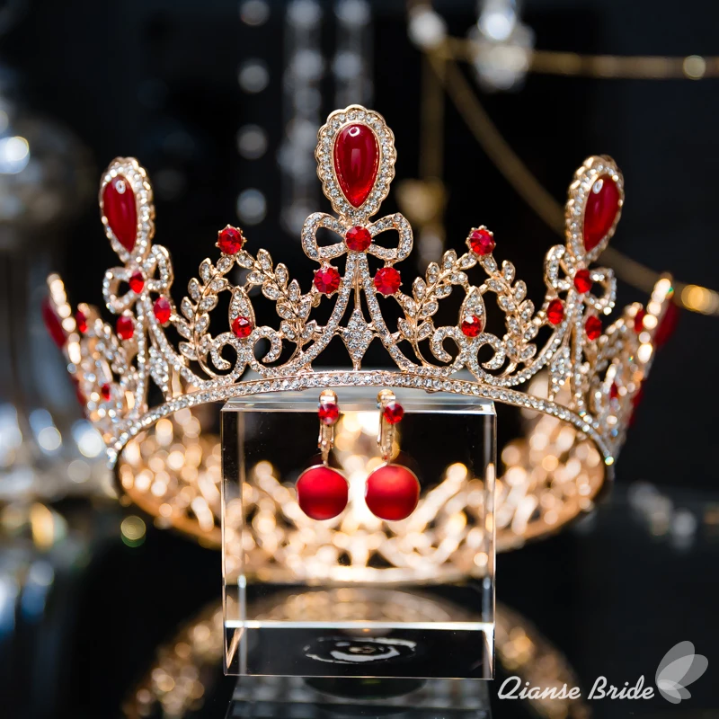 Baroque Bridal red Crystal Rhinestone Tiara and Crown Women Hair Jewelry earring Wedding Accessories yidan | Украшения и