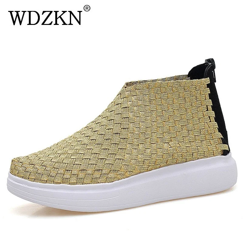 

WDZKN Fashion Platform Ankle Boots For Women Casual Flat Shoes Breathable Woven Round Toe Zipper Summer Women Boots Botte Femme