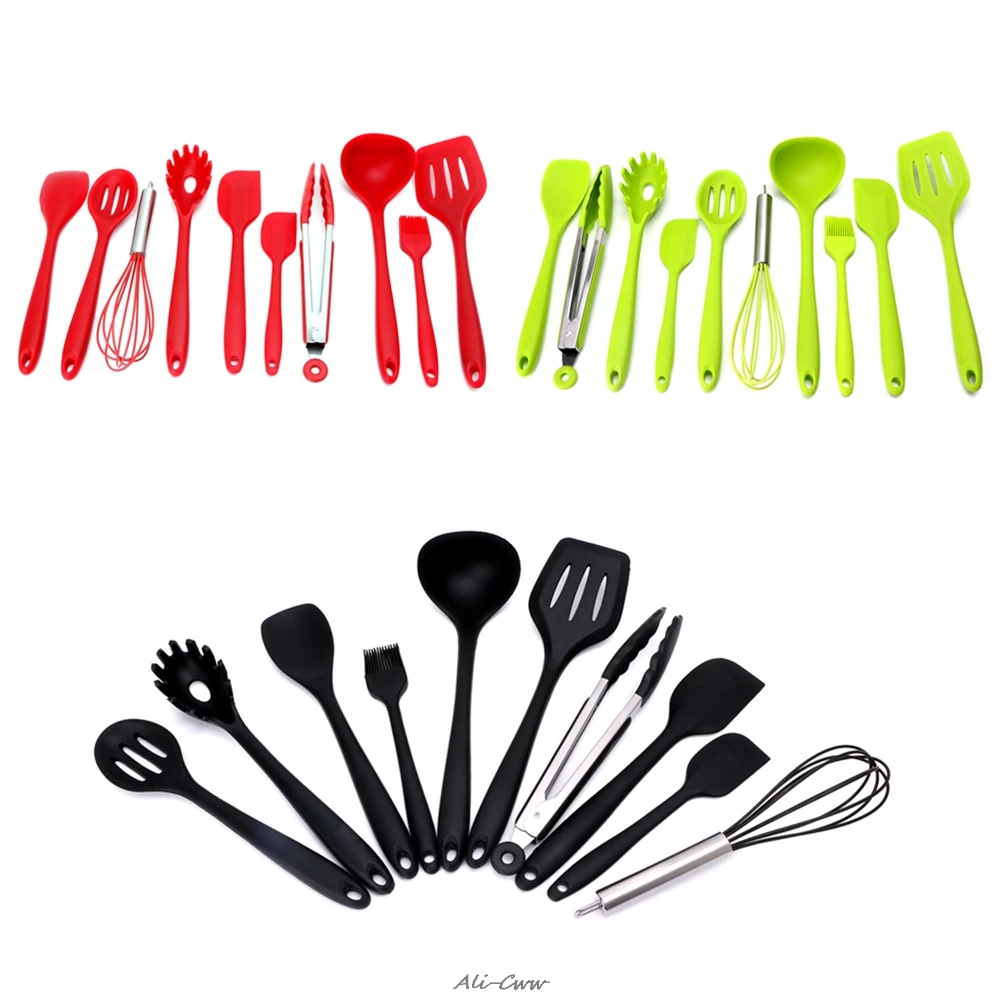 

10Pcs Red/Green/Black Heat Resitant Non-stick Silicone Kitchen Utensils Set Cooking Bake Tool Spatula Spoon Brush Wisk Tong