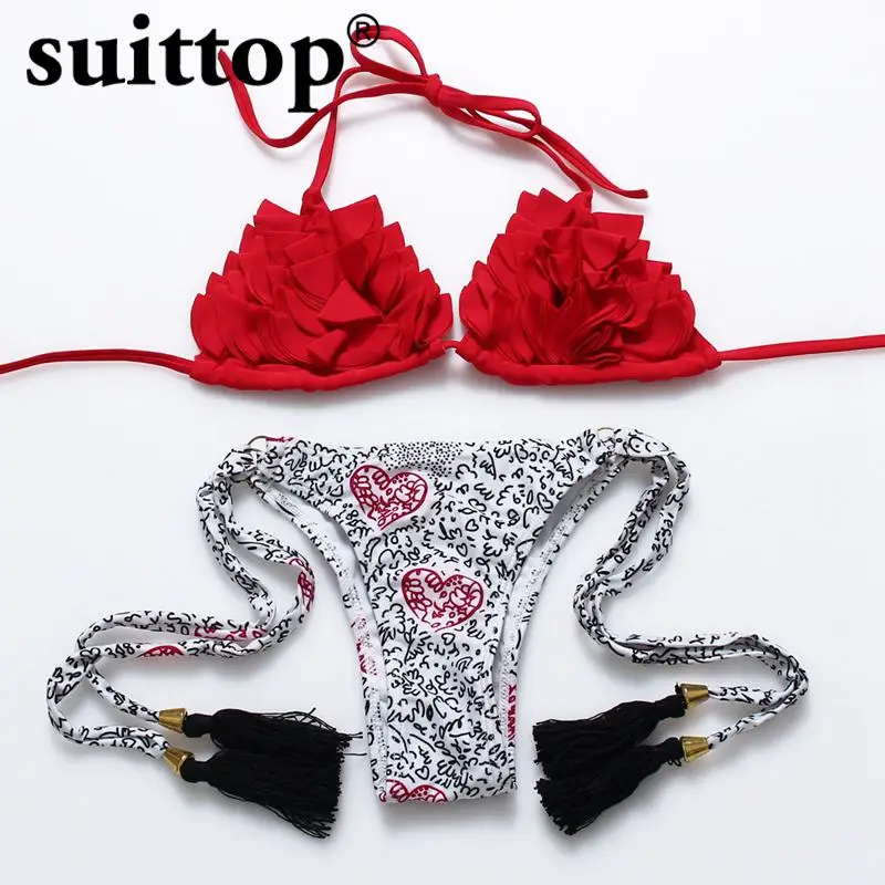 Suittop бикини 2017 Сексуальная девушка Maillot De Bain Push Up однотонные красные Ruffle Bikini Top Регулируемый Для женщин Купальники для малышек Ретро ванный
