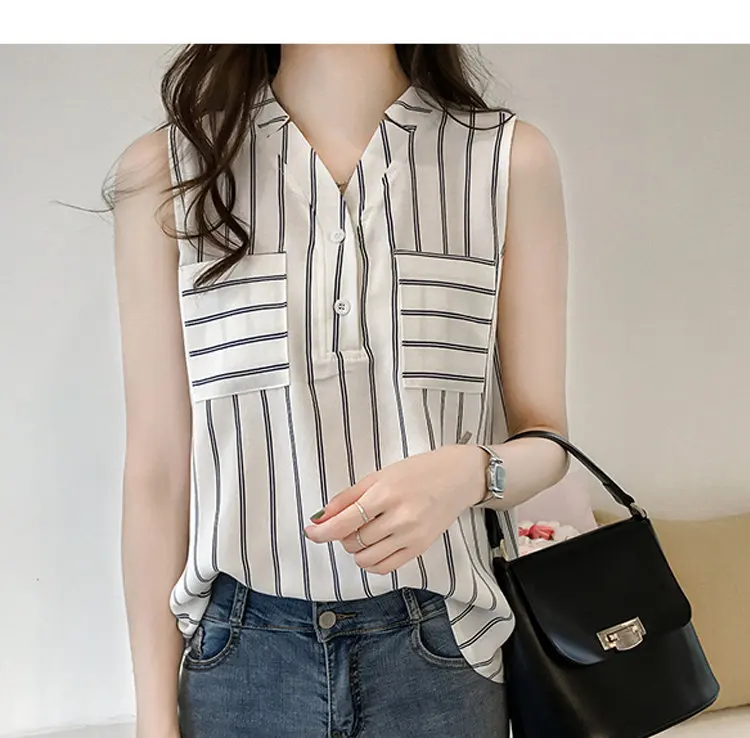 2018 Summer Womens Tops And Blouses Plus Size Striped Shirts Ladies Pocket Chiffon Blouse Casual Sleeveless Blusas Mujer M-4XL (5)