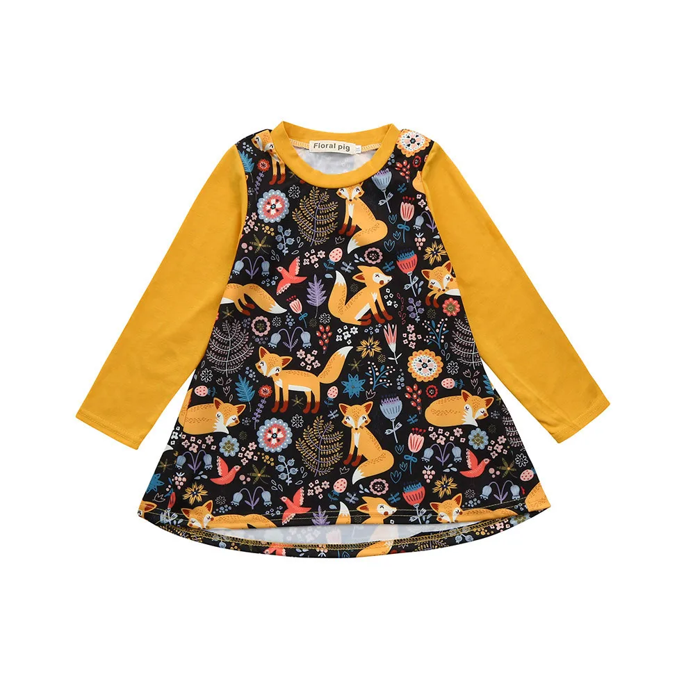 

Cute Toddler Kids Baby Girls Cartoon Fox Bird flowers Print Sun Long Sleeve Dress Clothes Outfits vestido infantil Yellow 1T-5T