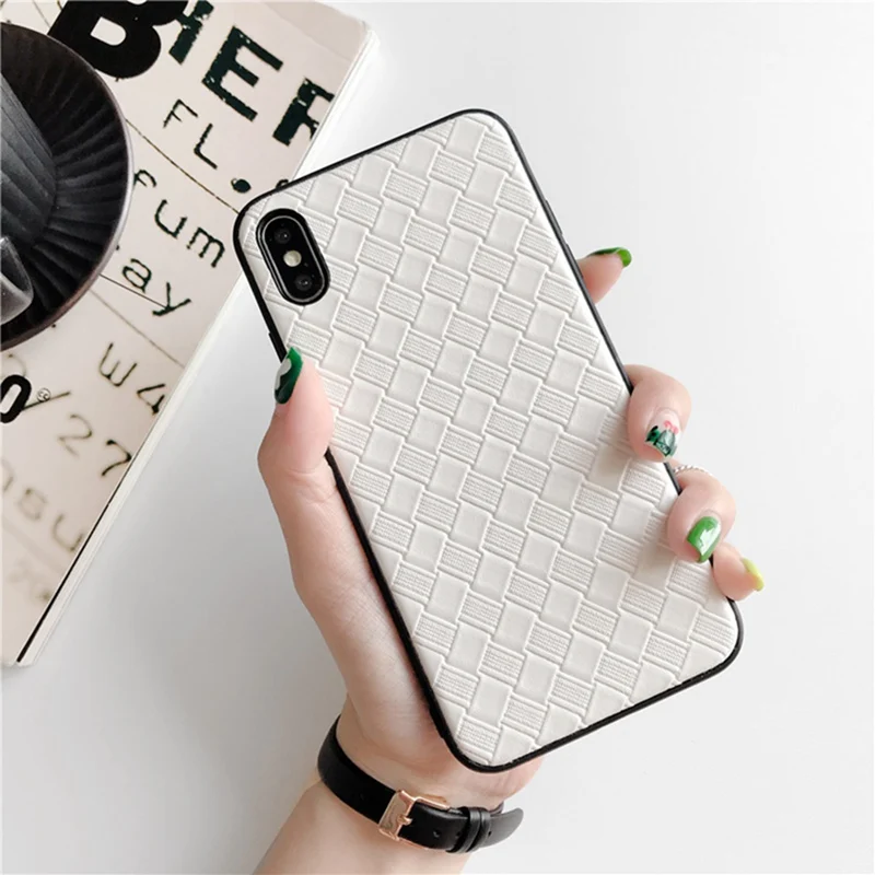 

Simple woven pattern solid color leather acrylic all-inclusive anti-fall soft shell for iphone XS Max XS XR X 6 6S 7 8Plus Cover