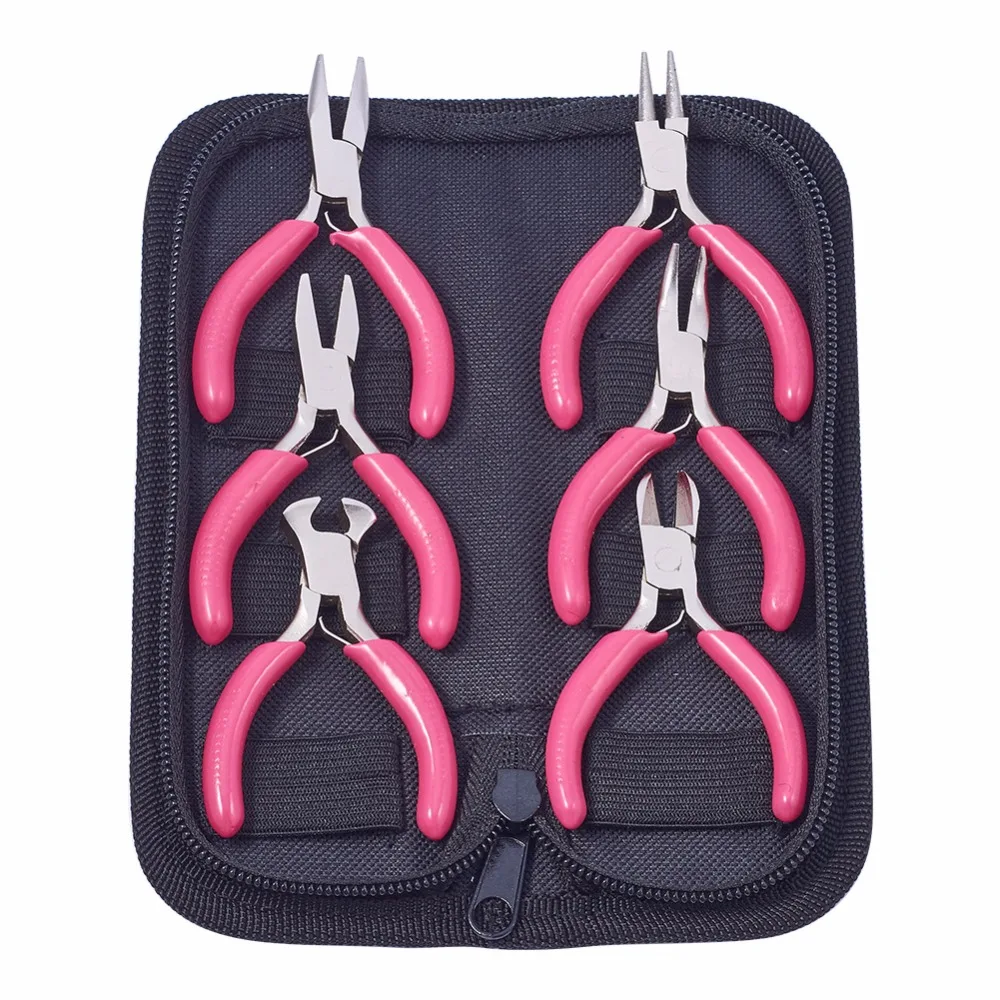 Pandahall 6pcs/bag Deep Pink Carbon Steel Jewelry Plier Sets Portable