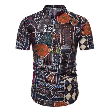 

Cotton Linen Shirts Men 2019 Brand Floral Short Sleeve Henley Shirt Men Casual Mandarin Collar Slim Fit Mens Dress Shirts XXL
