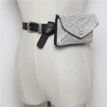 

Women Fanny Pack Luxury Designer Shiny Rhinestone Women Waist Bag Money Phone Pouch Fashion Tassel Lady Belt Bag Purses Black