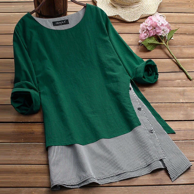 Linen Fake Two Pieces Shirt Dress Woman Casual Long Sleeve Dresses Lady Irregular Pullovers Dress Women Plus Size Blouse Dresses