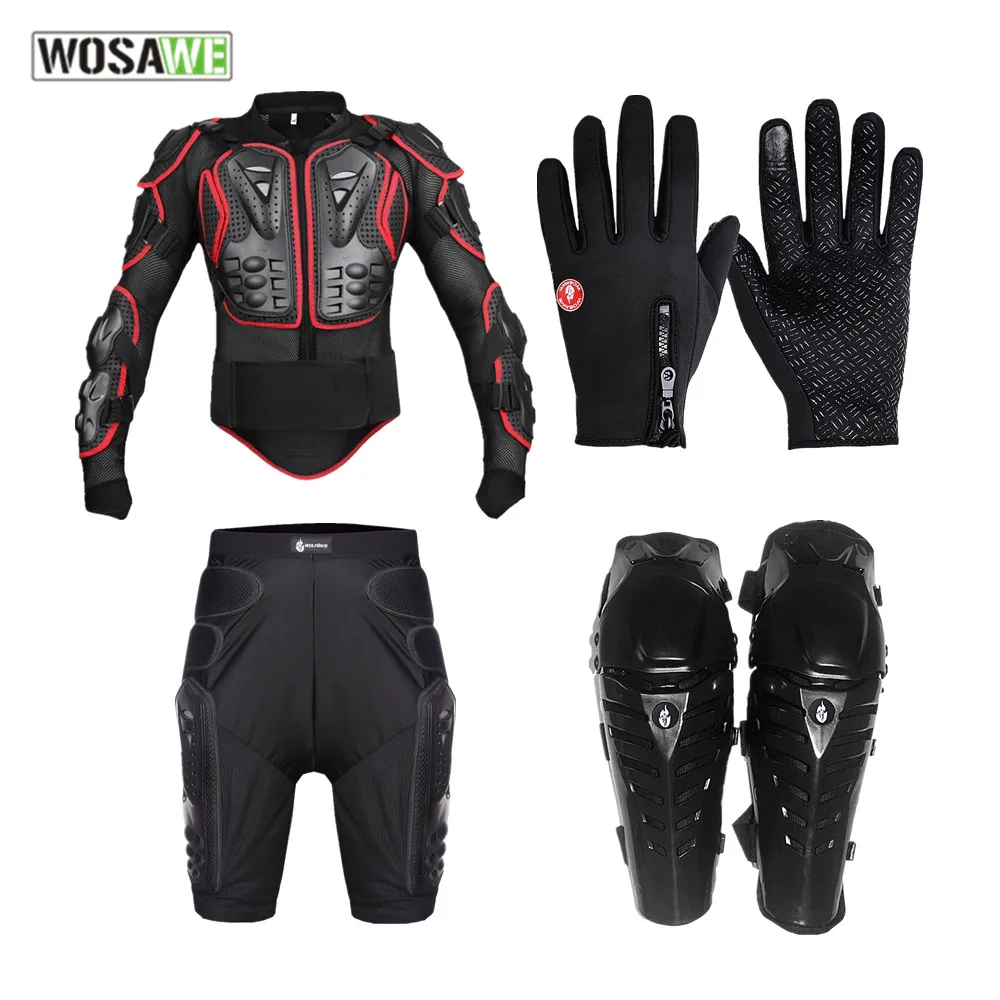 WOSAWE ударопрочный EVA мотоциклетный комплект курток для мотокросса, защита для тела, перчатки для поддержки спины, короткие штаны, наколенник, мотоциклетная Броня