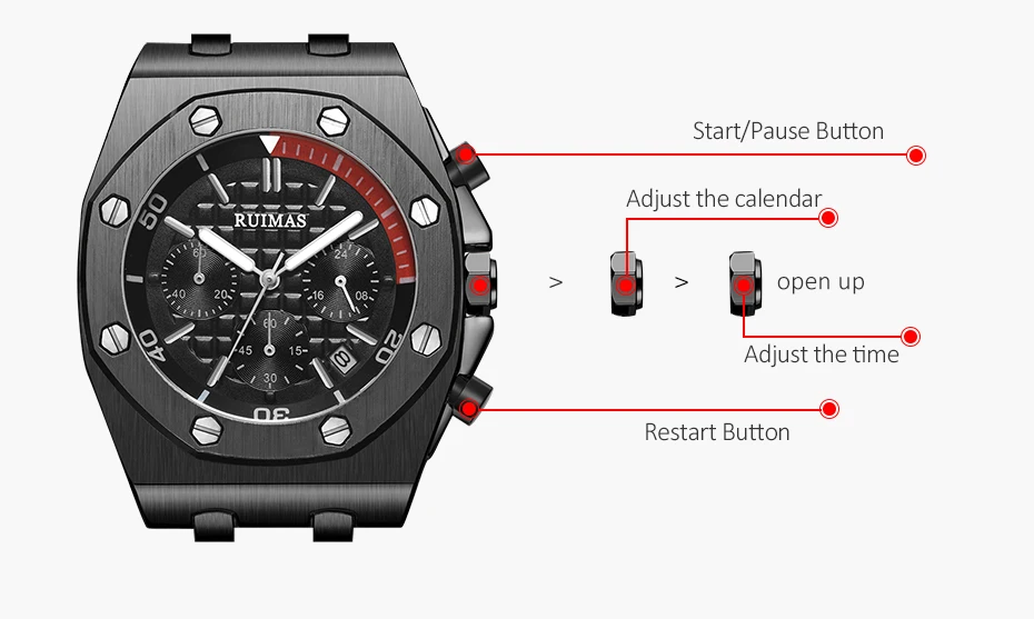 RUIMAS хронограф часы мужские роскошные 24 Часы кварцовые часы лучший бренд часы Relogios Masculino армейские спортивные наручные часы R540 черный