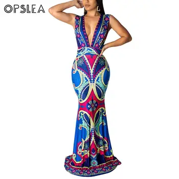 

Opslea African V Neck Sleeveless Fishtail Maxi Length Dress 2019 Sexy Slim Fit Dashiki Summer New Tribal Ethnic Print Dress