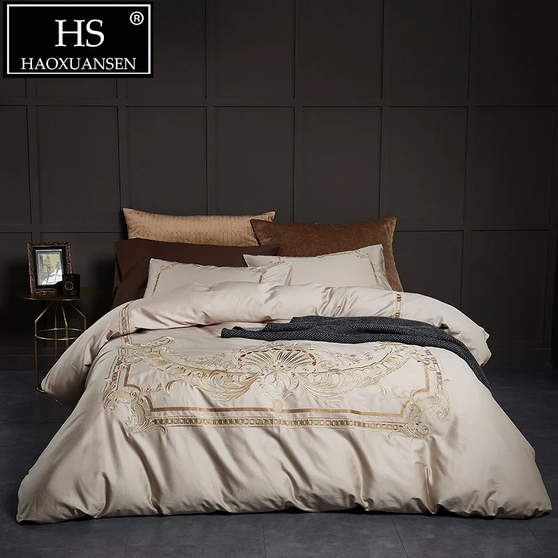 

100% Egyptian Cotton Soft 4Pcs Bedding Sets Beige European Embroidery Duvet Cover Set Queen King Size Washing Resistance