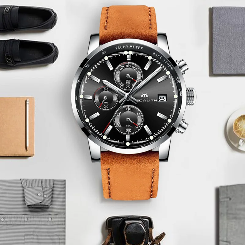 

MEGALITH Leather Men Watches Luxury Wristwatch Mechanical Waterproof Quartz Watch Brown Timer Wristwatch Clock Reloj Hombre