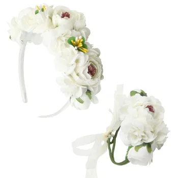

Flower Girls Bridesmaid Romantic Artificial Wreath Headband Wrist Band Set Flower Garland Festival Wedding Decoration