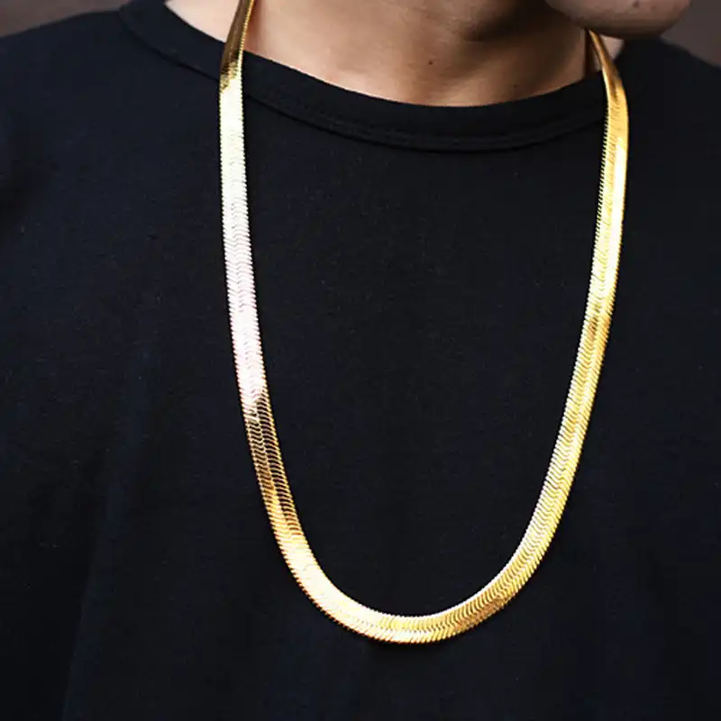 Classic Flat Herringbone Chain Solid Yellow Gold Filled Mens Necklace