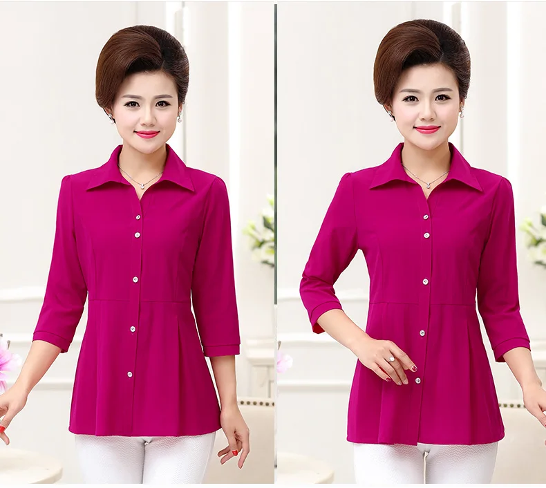 Woman Casual Shirt Half Sleeve Top Red Green Blue Plain Blouses Women Turn Down Collar Tops Peplum Blouses Bottom Front Top Plus Size (7)