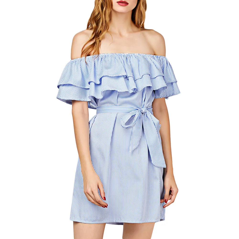 

Gamiss Women Off the Shoulder Striped Layered Ruffle Tie Waist Mini Dress Summer 4 Colors Backless Casual Shift Streetwear