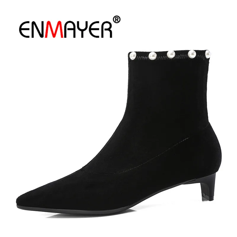 

ENMAYER Stretch Women Ankle boots Fashion Boots Female Shoes Causal Low heels Winter Pointed toe String Bead Strange Heels CR759