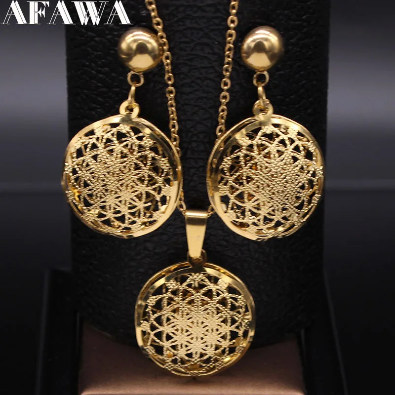 

2019 Flower of Life Stainless Steel Jewelry Set Women Hollow Small Gold Color Necklace Earrings Set Jewelry set acero inoxidable