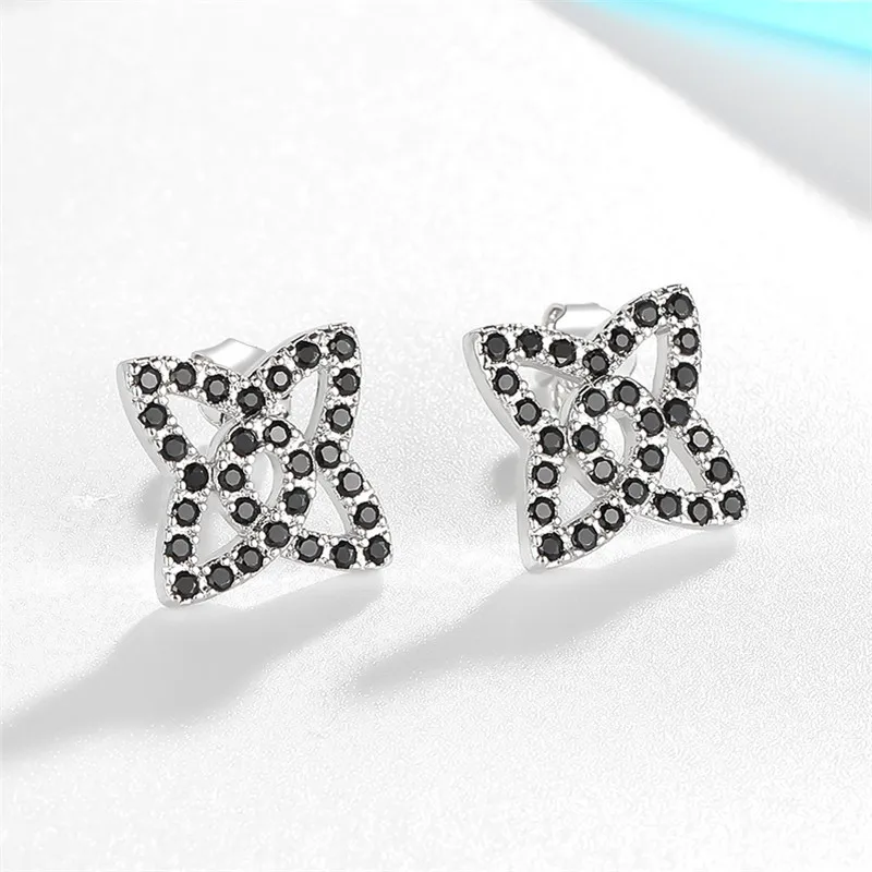 Black Zircon Stud Earrings for Women Silver 925 Needles for Women's Clover Earrings Fashion Jewelry
