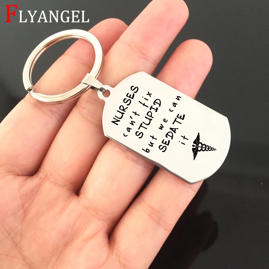 Fashion Jewelry Dog Tag Keychain Engraved Nurses can't fix Stupid but we can Sedate Angel Wing Keyring For Doctor Nurse Gift | Украшения