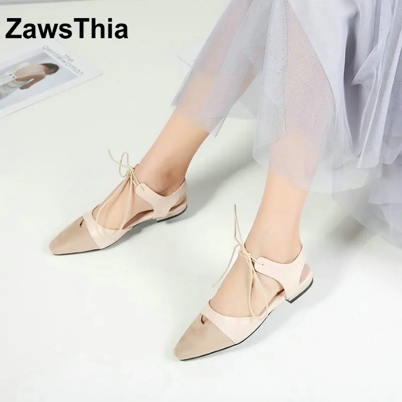 

ZawsThia 2019 new patchwork casual woman's shoes pointed toe slingback lace up women flats summer shoes big size 33 41 42 43 44