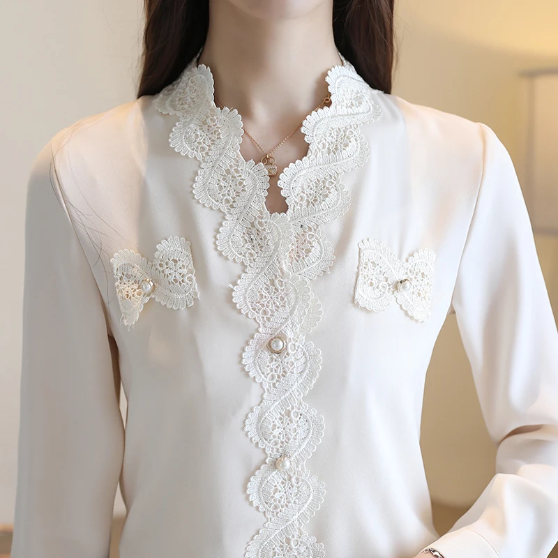 Dingaozlz blusas femininas elegante Женская белая блузка модная шифоновая рубашка с длинным рукавом Повседневные кружевные топы офисные женские рубашки