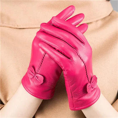 VISNXGI кашемировые перчатки, сохраняющие тепло, кожаные женские перчатки, модные зимние женские перчатки из овчины с бантом, женские перчатки Guante - Цвет: G044 Rose red