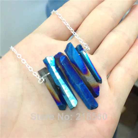 

H-QN35 Raw Blue Rainbow Aura Quartz Spike Necklace, Rough Druzy Point Arrow Boho Crystals with Gold or Silver or BrassChain
