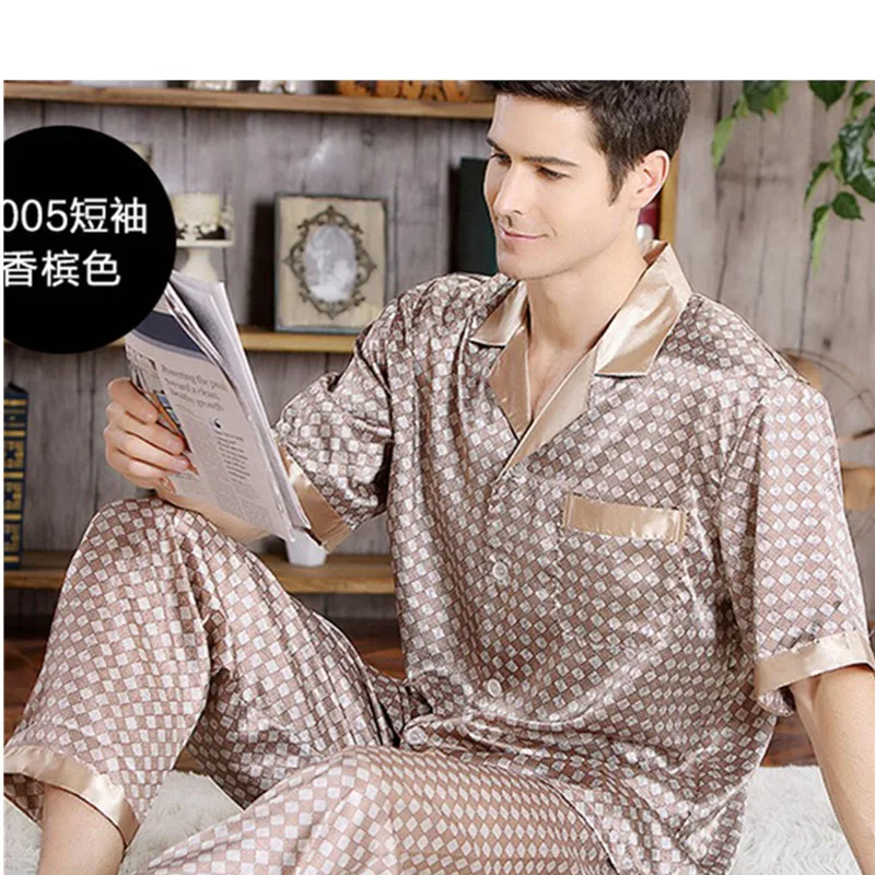 Summer Print Mens Stain Silk Pajama Set Pajamas Men Sleepwear Modern Style Silk Nightgown Home Male Satin Soft Cozy For Sleeping