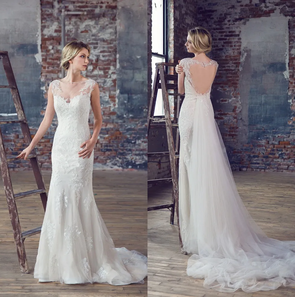 

2 in 1 Detachable Train Mermaid Lace Appliques Wedding Dresses Open Back Buttons Removable Train Two Pieces Vestidos De Novia