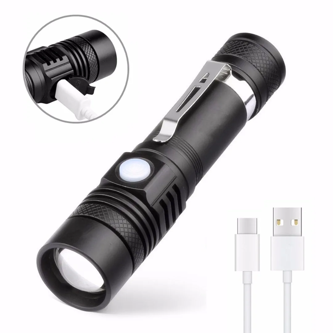 

Super Bright XML-T6 LED Flashlight Zoomable use 18650 USB Rechargeable Torch Lamp for Hunting Cycling Climbing Camping