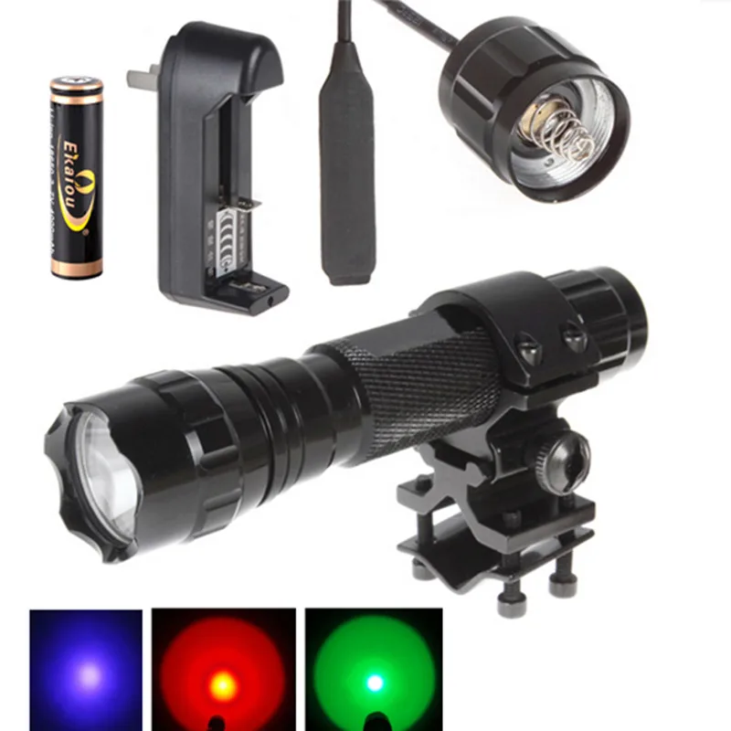 

Green/Red/Purple Light LED Tactical 501B Flashlight Torch Kit +18650 Battery+ Charger+Pressure Switch+Mounts