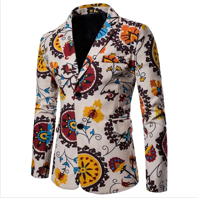 

Men Blazers 2019 New Men Suit Jacket Cotton Linen Nationality Floral Printed Coat Casual Blazer Masculino Jacket 4XL