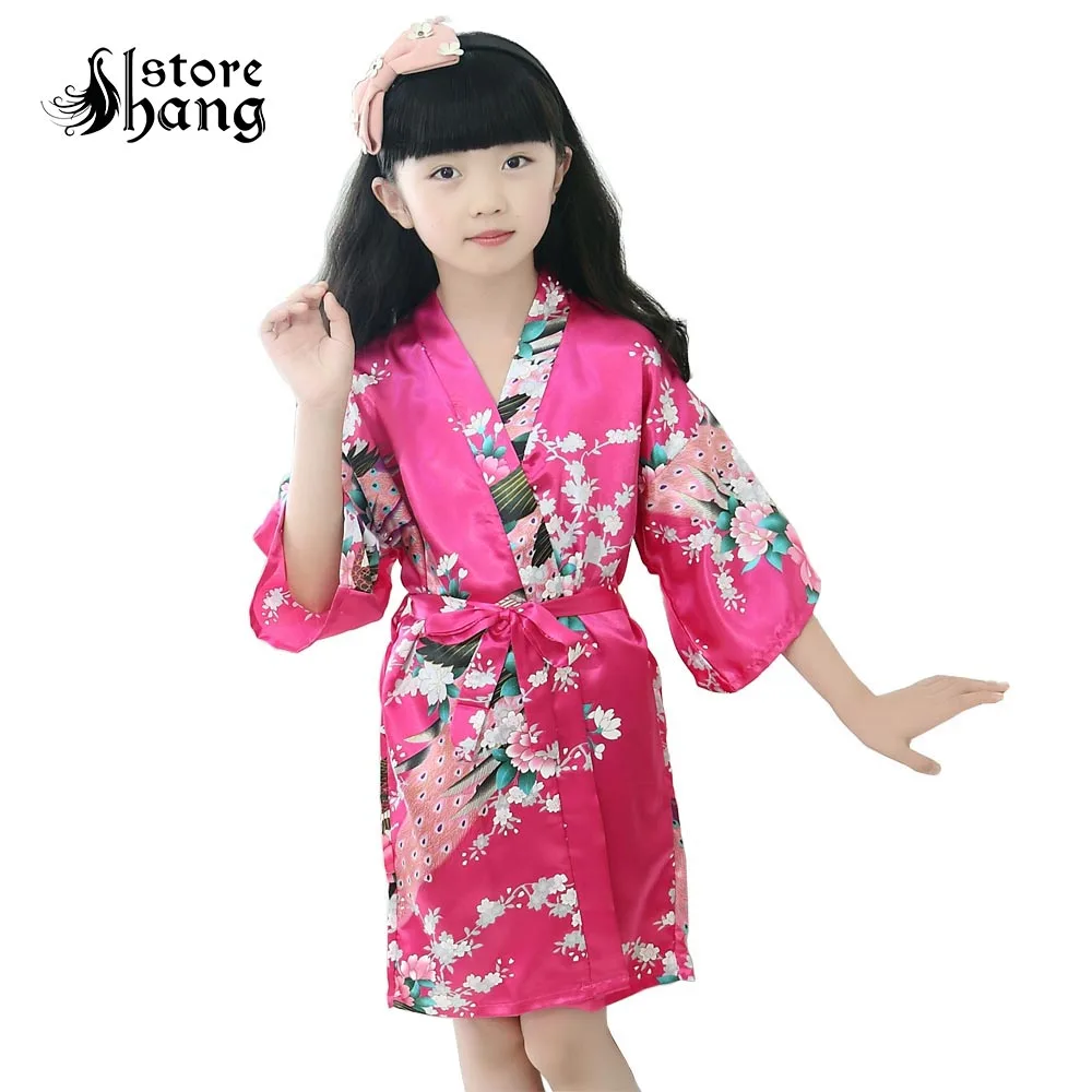Kids Kimono Robe Costume Girl Children Japanese Yukata Peacock Printing