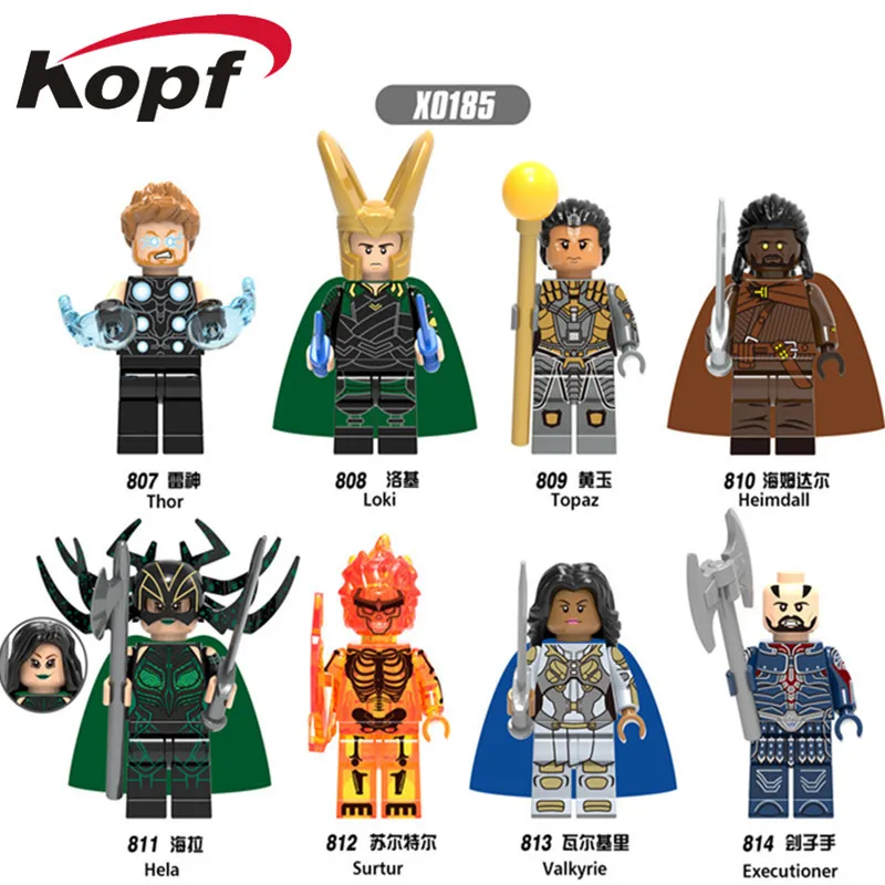 

Figures Loki Heimdall Surtur Valkyrie Thor Hela Executioner Hela Building Blocks Bricks Action Toys For Kids X0185