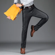 Новинка, Зимние флисовые мужские джинсы, Стрейчевые флокированные джинсы, облегающие, подходят размера плюс до 40, большие мужские джинсы, брюки, сохраняющие тепло, Лучшая цена