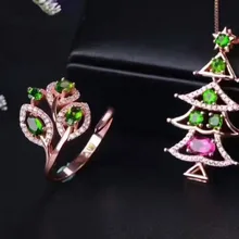 Натуральный турмалин Gem Jewelry комплекты Природный камень кулон кольцо серебро 925 Элегантные Роскошные цветы женщины ювелирные изделия