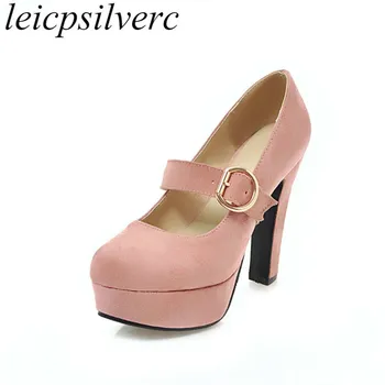 

Women Pumps Super High Heel Sexy Fashion Square Heel Platform 2018 Spring Autumn Round Toe Buckle Flock Party Wedding Shoes Red
