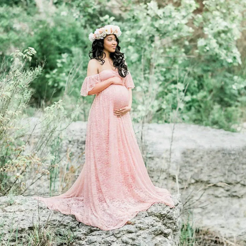 Кружевное платье макси для беременных, реквизит для фотосессии, большие размеры, платья для фотосессии, платья для беременных, hamile elbise - Цвет: Розовый