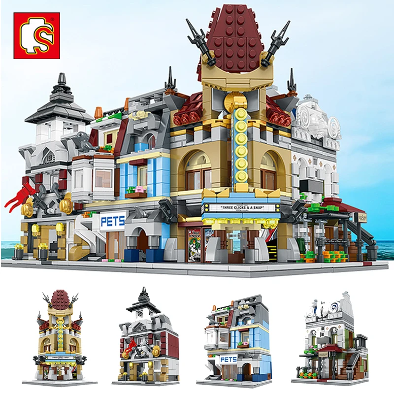 

Free shipping European style architecture Blocks Mini Street Building Bricks legoing 4 set Package splice educational toys gift