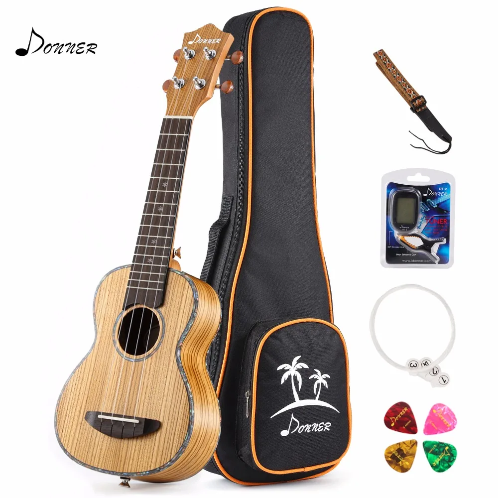 Donner 21 inch Zebrawood Body Soprano Ukulele with Ukulele Set Tuner Strap Nylon String