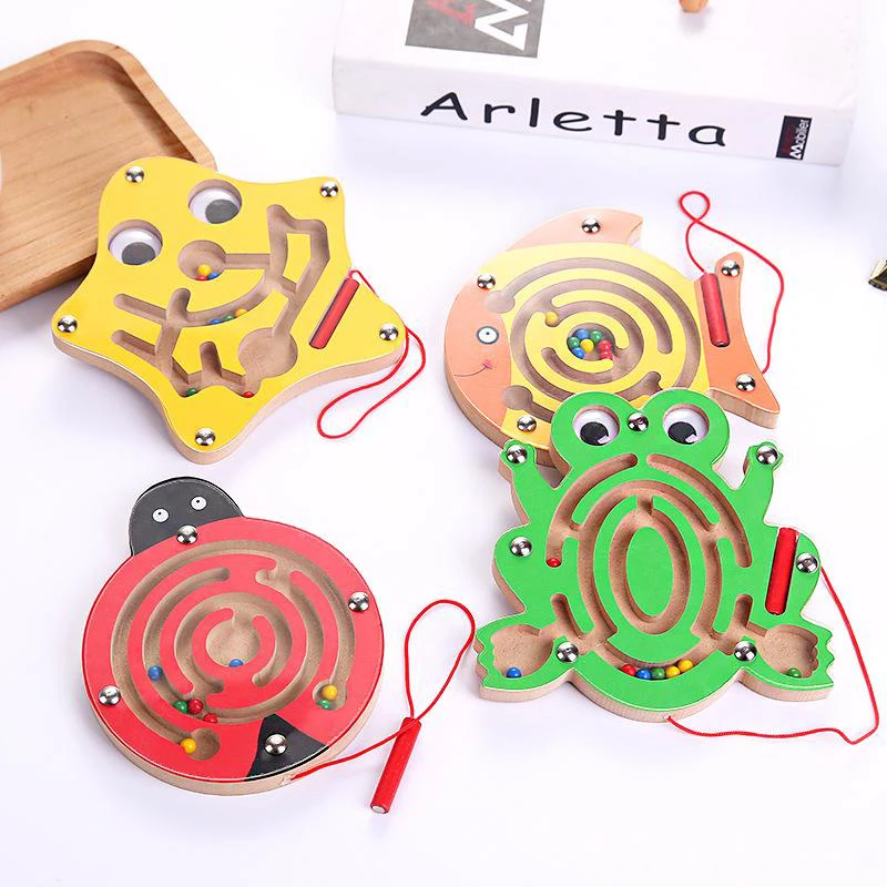 Wooden Magnetic Pen Maze Toys Cute Animal Cartoon Toy Brain Teaser Intellectual Jigsaw Board Kids Early Educational Puzzle Game