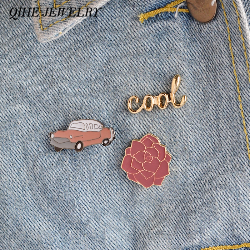 

QIHE JEWELRY 1 Set Flower Car Cool Pin Up Enamel Metal Pin Bag Hat Jean Decoration Accessories
