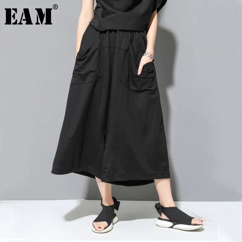 

[EAM] 2019 New Autumn Winter High Elastic Waist Loose Black Pocket Split Joint Wide Leg Pants Women Trousers Fashion Tide JU644