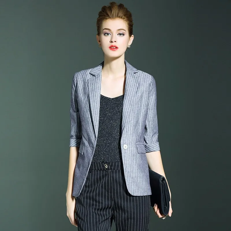 Блейзеры женский костюм 80% лен 20% шелк полосатый рукав три четверти одна кнопка Высокое качество рабочая одежда 2019 Новая мода