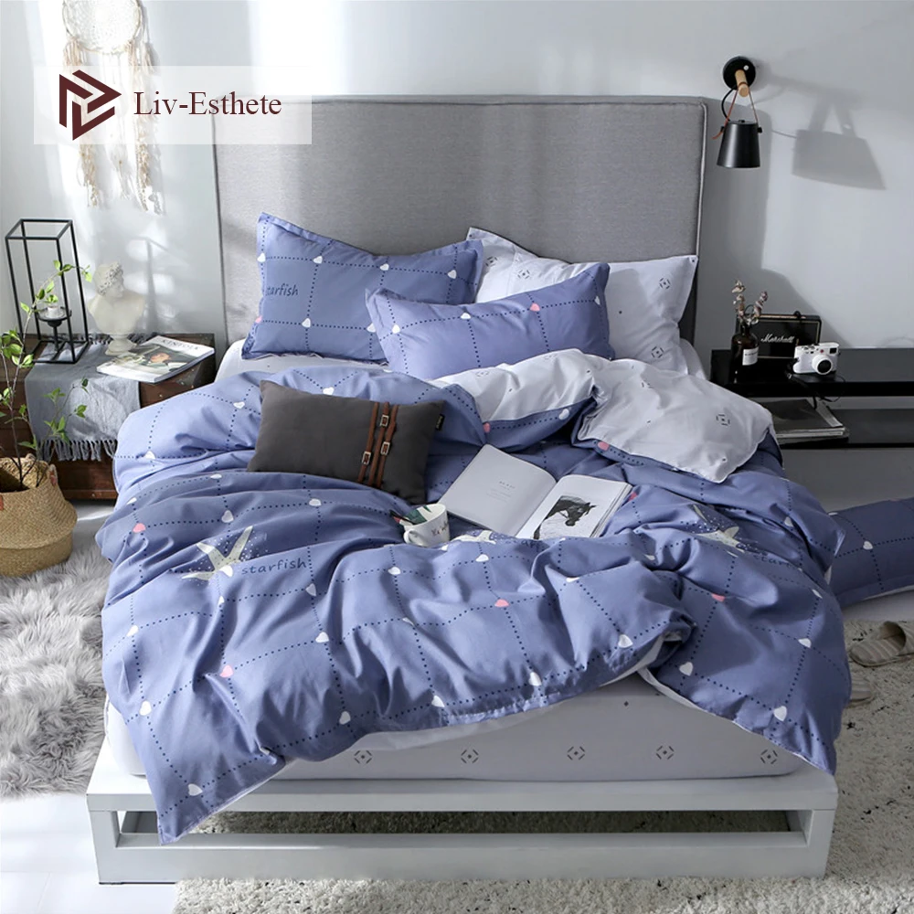 

Liv-Esthete Fashion Sea Star Bedding Set High Quality Soft Duvet Cover Pillowcase Bed Linen Rubber Sheet Fitted Sheet Wholesale