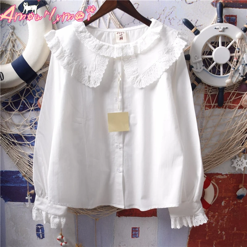 

Japanese Mori Girl Kawaii Sweet Hollow Out Lace Peter Pan Collar Long Sleeve Cotton White Shirt 2019 Spring Women Blouse Tops