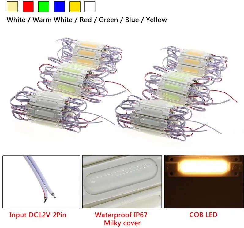 Светодиодный модуль COB световая рекламная лампа 2 W IP65 Водонепроницаемый DC12V безопасный светодиодное фоновое освещение белый/теплый белый/красный/синий/розовый/желтый/зеленый