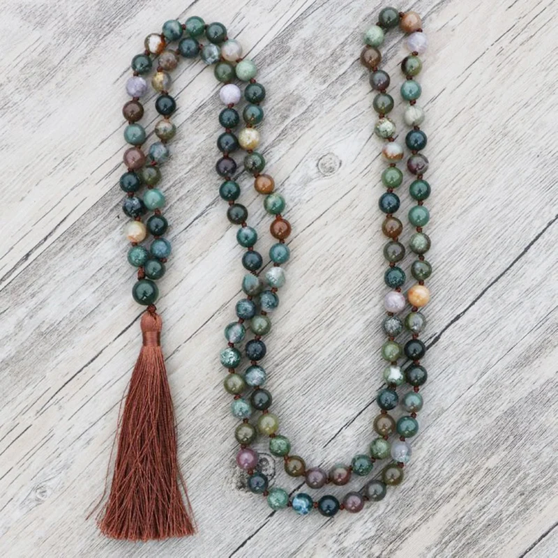 Long Tassel Boho Necklaces For Men Green India A-gate Knotted Necklace 108 Prayer Beads Mala Healing Jewelry Yoga Gift | Украшения и