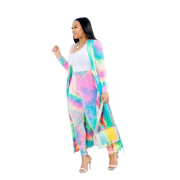 

Two Piece Sets Rainbow Tie Dye Printed Tracksuits Summer Casual Women Long Sleeve Cardigans Tops and Skinny Pants Sexy Outfits